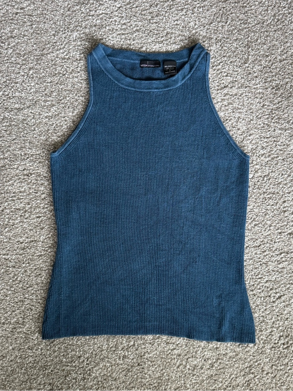 Moda International Sleeveless Silk Blend Knit Ribbed High Neck Tank - Teal